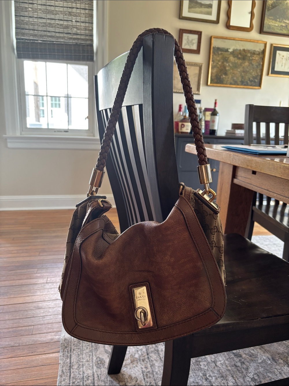 Gucci Brown Leather & Monogram Shoulder Hobo